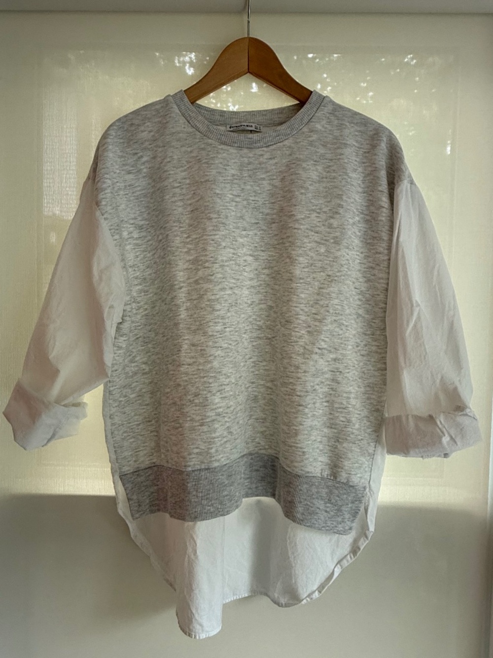 Stradivarius Gray White Mixed Media Sweatshirt Blouse High Low Top |  Small